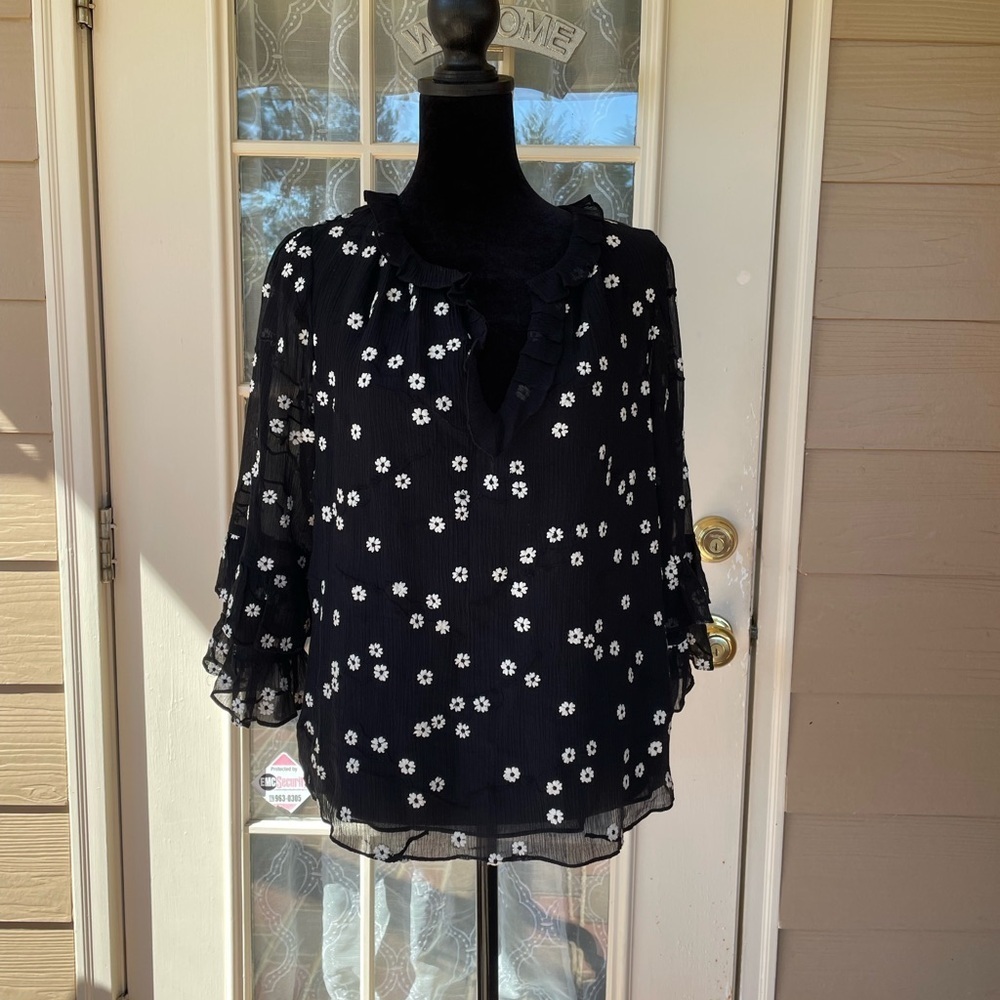 Rebecca Taylor Black Sheer Floral Ruffle Blouse Size 6